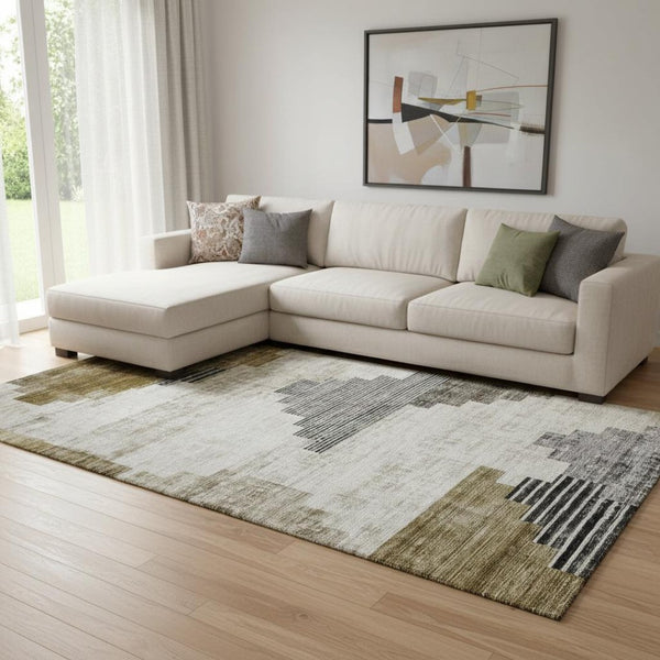 HomeRoots 8' X 10' Modern Brown and Gray Geometric Area Rug - Washable, UV-Protected, Non-Slip Backing! 704919