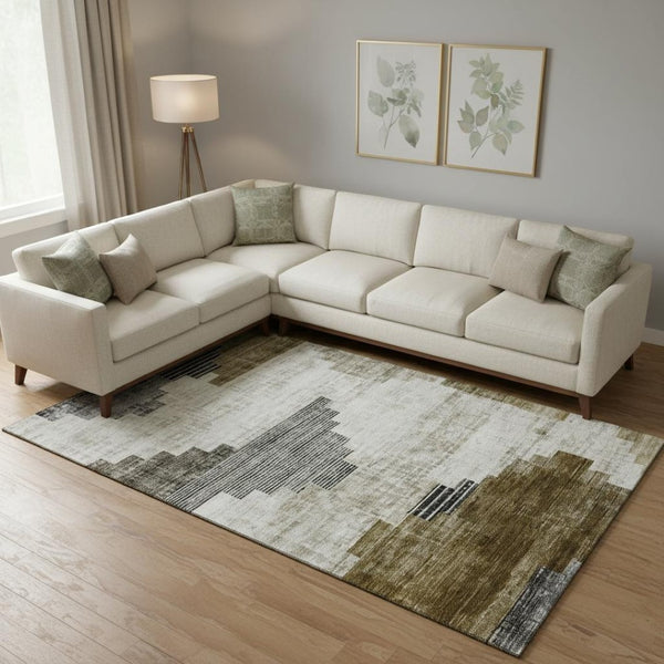 HomeRoots 9' X 12' Brown And Gray Geometric Washable Area Rug – Durable, UV Protected, Perfect for High-Traffic Spaces 704920
