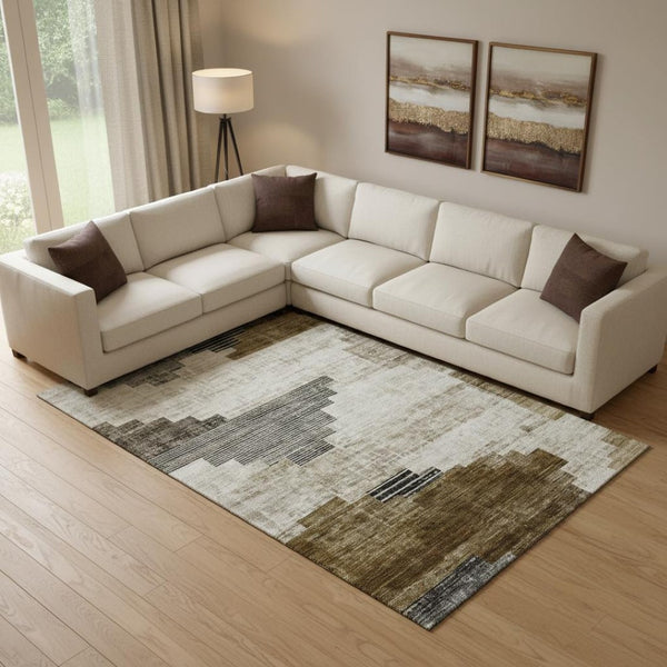 HomeRoots 10' X 14' Brown & Gray Geometric Area Rug - Washable, UV-Protected, Stylish for Modern Homes! 704921