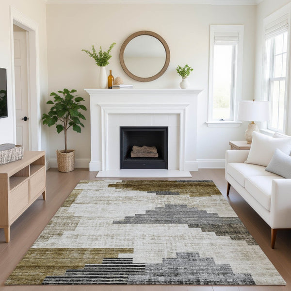 HomeRoots 10' X 14' Brown & Gray Geometric Area Rug - Washable, UV-Protected, Stylish for Modern Homes! 704921