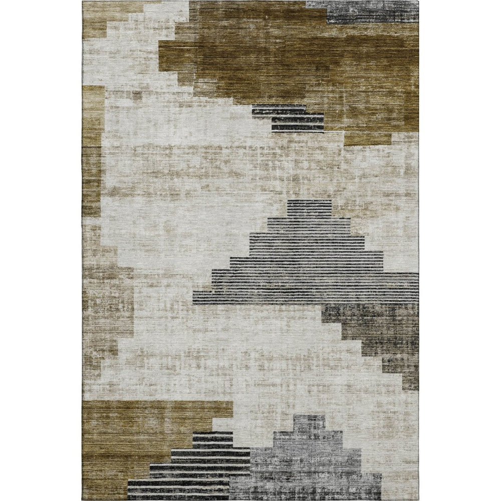 HomeRoots 10' X 14' Brown & Gray Geometric Area Rug - Washable, UV-Protected, Stylish for Modern Homes! 704921
