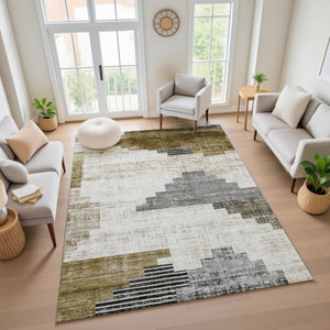 HomeRoots 10' X 14' Brown & Gray Geometric Area Rug - Washable, UV-Protected, Stylish for Modern Homes! 704921