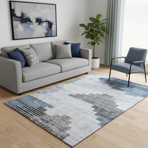 HomeRoots 5' X 8' Blue and Gray Geometric Area Rug - Washable, Stain-Resistant, UV-Protected for High Traffic Areas 704923
