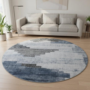 HomeRoots 8' Stylish Blue and Gray Geometric Washable Round Rug with UV Protection for Modern Spaces 704924