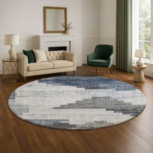 HomeRoots 8' Stylish Blue and Gray Geometric Washable Round Rug with UV Protection for Modern Spaces 704924