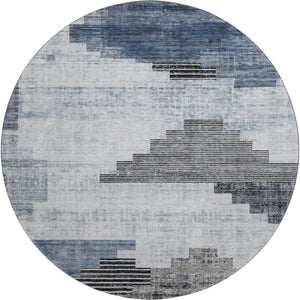 HomeRoots 8' Stylish Blue and Gray Geometric Washable Round Rug with UV Protection for Modern Spaces 704924