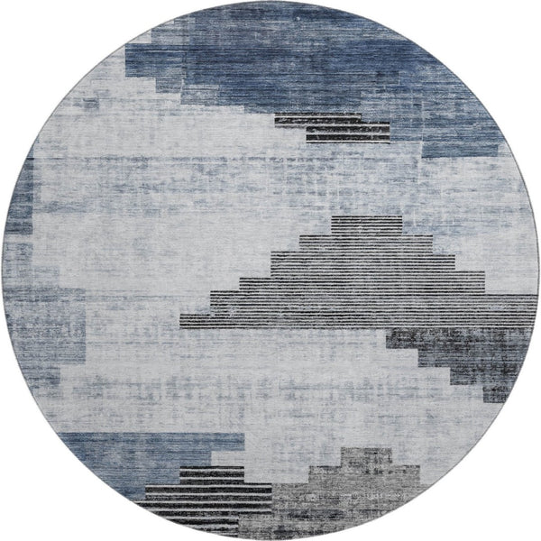HomeRoots 8' Stylish Blue and Gray Geometric Washable Round Rug with UV Protection for Modern Spaces 704924