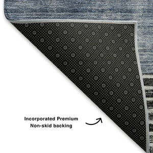 HomeRoots 8' Stylish Blue and Gray Geometric Washable Round Rug with UV Protection for Modern Spaces 704924