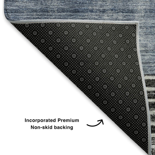 HomeRoots 8' Stylish Blue and Gray Geometric Washable Round Rug with UV Protection for Modern Spaces 704924