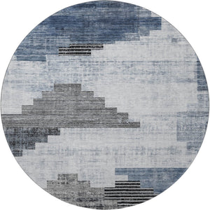 HomeRoots 8' Stylish Blue and Gray Geometric Washable Round Rug with UV Protection for Modern Spaces 704924