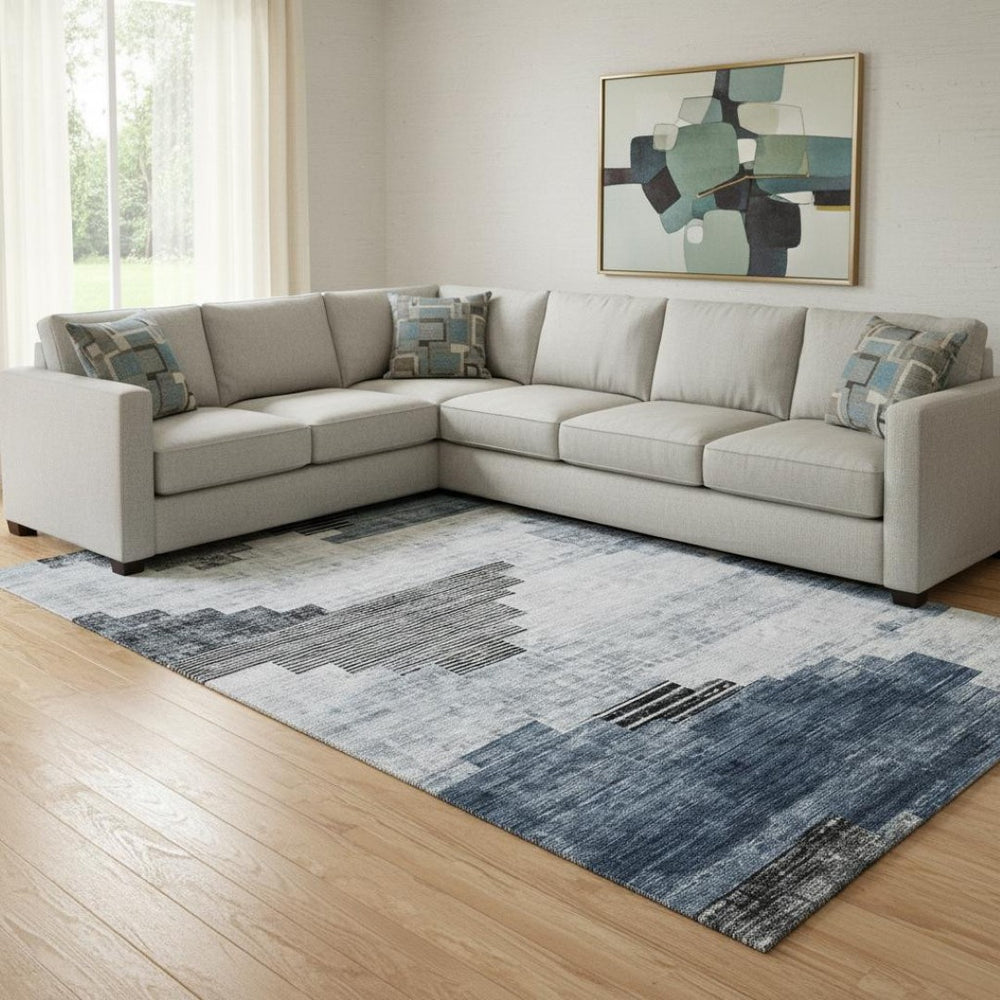 HomeRoots 8' X 10' Blue and Gray Geometric Washable Area Rug – Durable, UV-Protected, Ideal for Busy Homes 704925