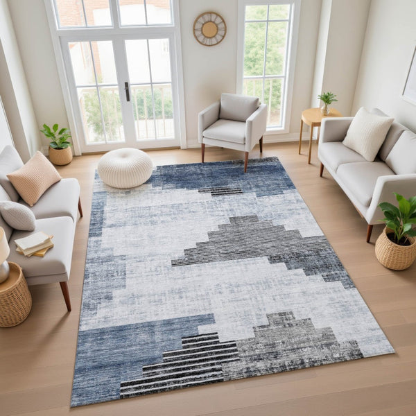 HomeRoots 10' X 14' Blue and Gray Geometric Area Rug – Stain-Resistant, UV-Protected, Perfect for Busy Homes 704927