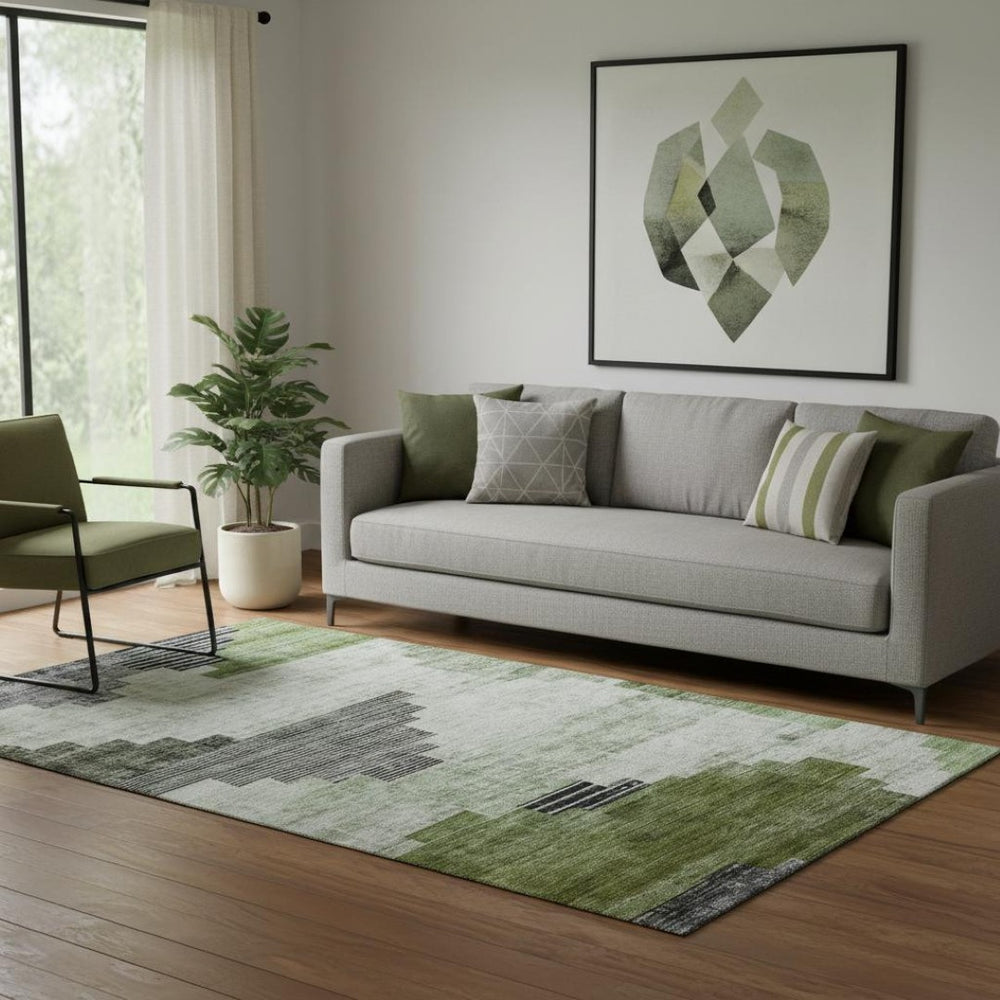 HomeRoots 5' X 8' Fern Green and Gray Geometric Washable Area Rug – Durable, UV-Protected Style for Every Room! 704929
