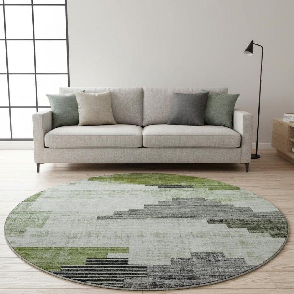 HomeRoots 8' Stylish Fern Green and Gray Geometric Washable Round Rug with UV Defense for Modern Spaces 704930