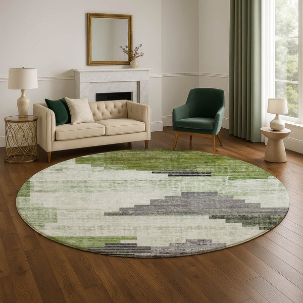HomeRoots 8' Stylish Fern Green and Gray Geometric Washable Round Rug with UV Defense for Modern Spaces 704930