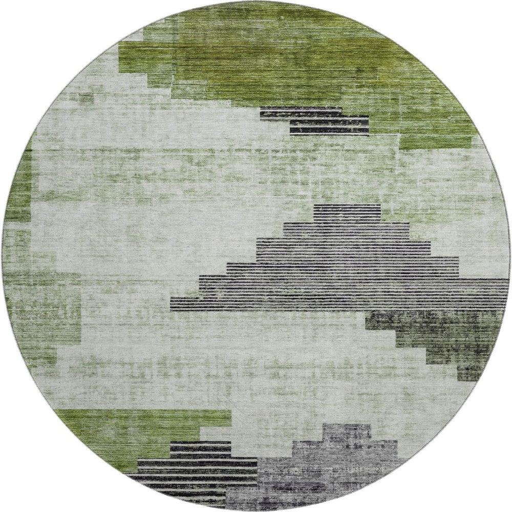 HomeRoots 8' Stylish Fern Green and Gray Geometric Washable Round Rug with UV Defense for Modern Spaces 704930