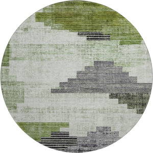HomeRoots 8' Stylish Fern Green and Gray Geometric Washable Round Rug with UV Defense for Modern Spaces 704930