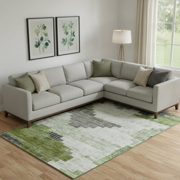 HomeRoots 9' X 12' Fern Green & Gray Geometric Area Rug - Washable, UV-Protected, Durable for High-Traffic Homes 704932