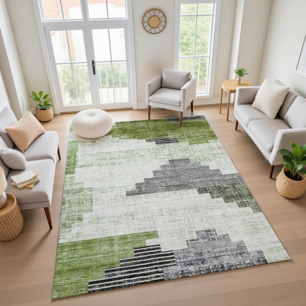HomeRoots 10' X 14' Fern Green Geometric Washable Area Rug – Durable, Stylish, and UV-Protected for Every Home! 704933