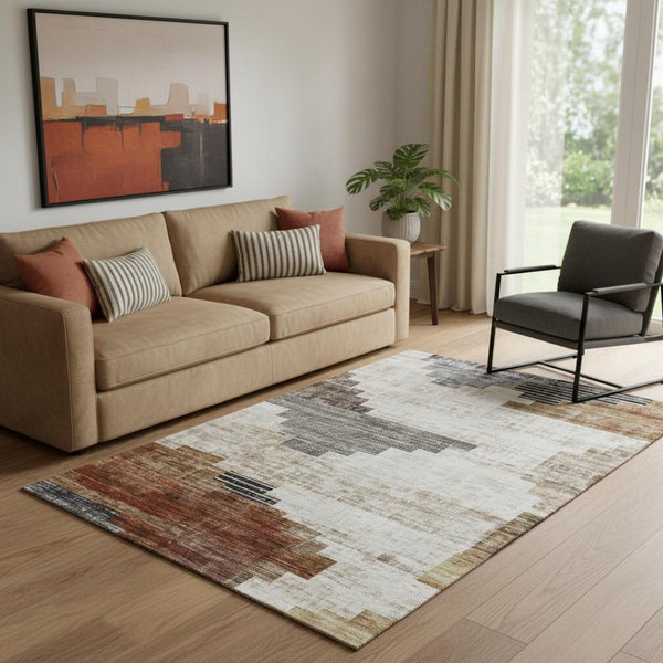 HomeRoots 5' X 8' Stylish Rust and Gray Geometric Washable Area Rug with UV Protection for Modern Homes 704935