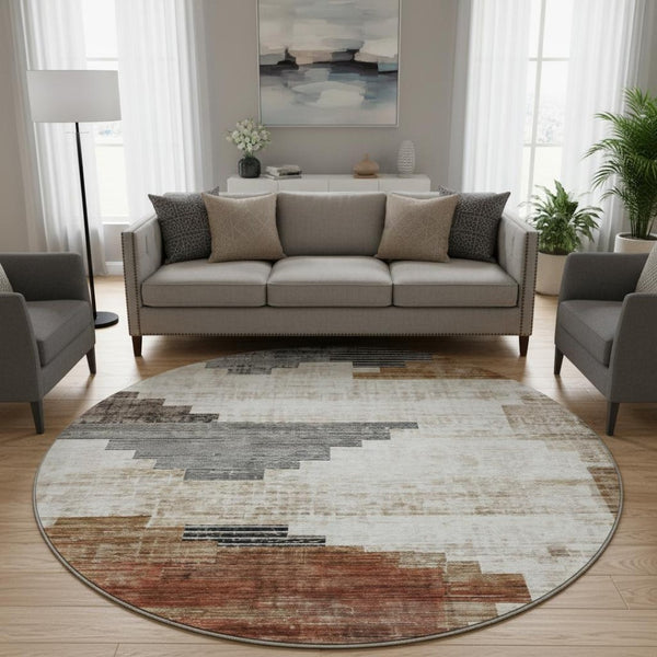 HomeRoots 8' Rust and Gray Geometric Round Area Rug - Washable, UV Protected, Stain Resistant for Busy Homes 704936