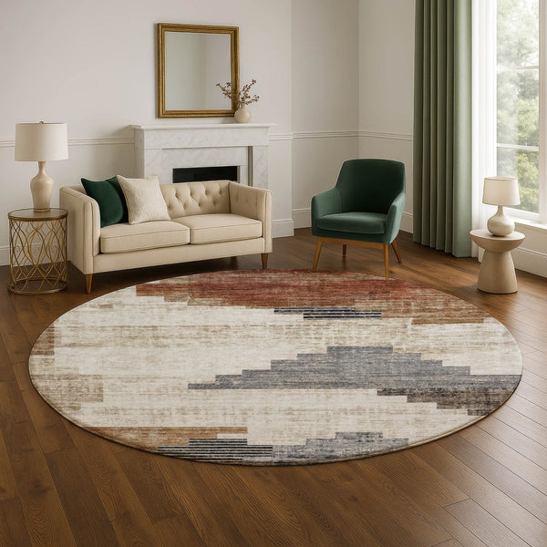 HomeRoots 8' Rust and Gray Geometric Round Area Rug - Washable, UV Protected, Stain Resistant for Busy Homes 704936