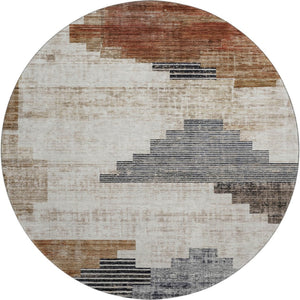 HomeRoots 8' Rust and Gray Geometric Round Area Rug - Washable, UV Protected, Stain Resistant for Busy Homes 704936
