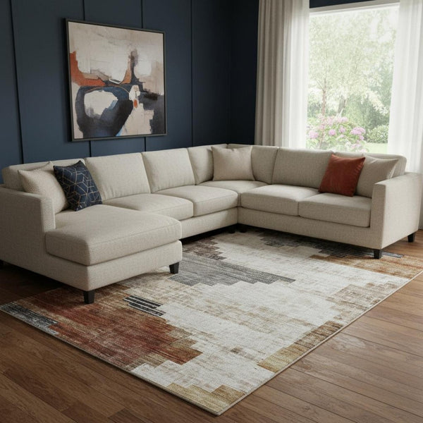 HomeRoots 8' X 10' Geometric Washable Area Rug in Rust & Gray - UV Protected, Stain Resistant, and Stylish! 704937