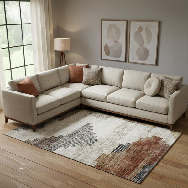 HomeRoots 9' X 12' Stylish Rust & Gray Geometric Washable Area Rug with UV Protection for Modern Homes 704938