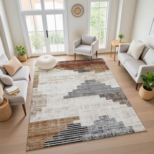 HomeRoots 9' X 12' Stylish Rust & Gray Geometric Washable Area Rug with UV Protection for Modern Homes 704938