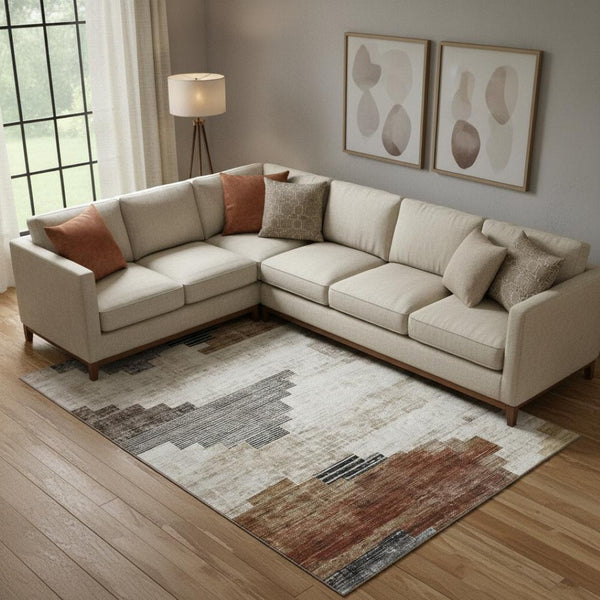 HomeRoots 10' X 14' Stylish Rust and Gray Geometric Washable Area Rug with UV Protection for Modern Homes 704939