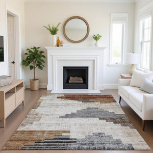 HomeRoots 10' X 14' Stylish Rust and Gray Geometric Washable Area Rug with UV Protection for Modern Homes 704939