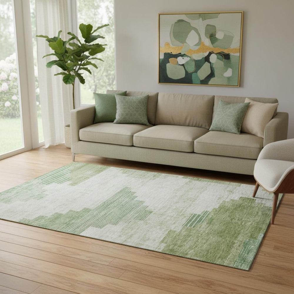 HomeRoots 5' X 8' Sage and Ivory Geometric Area Rug - Washable, Stain-Resistant, UV Protected for Modern Homes 704941