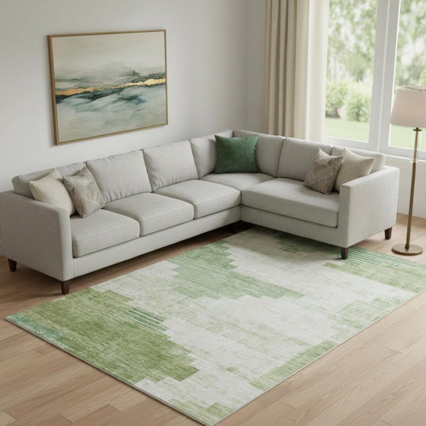 HomeRoots 9' X 12' Sage and Ivory Geometric Area Rug - Washable, UV-Protected, & Stain Resistant for Modern Homes 704944