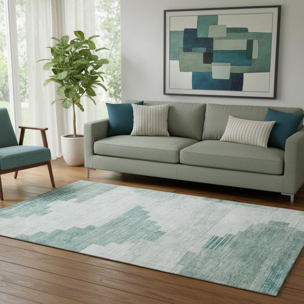 HomeRoots 5' X 8' Teal and Ivory Geometric Area Rug - Washable, Stain-Resistant, UV Protected for Modern Homes 704947