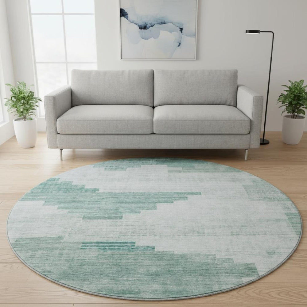 HomeRoots 8' Teal Geometric Washable Round Rug with UV Protection – Durable, Stylish, and Easy-Care Design 704948