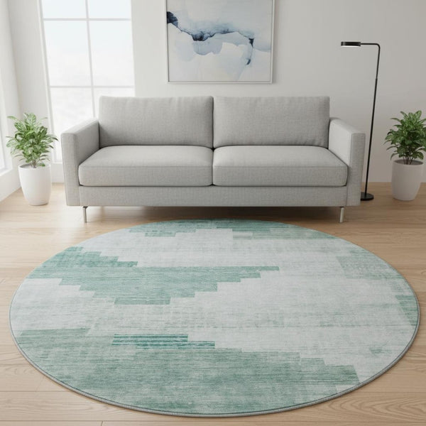 HomeRoots 8' Teal Geometric Washable Round Rug with UV Protection – Durable, Stylish, and Easy-Care Design 704948