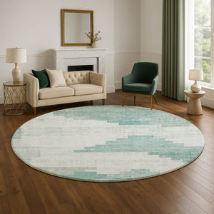 HomeRoots 8' Teal Geometric Washable Round Rug with UV Protection – Durable, Stylish, and Easy-Care Design 704948