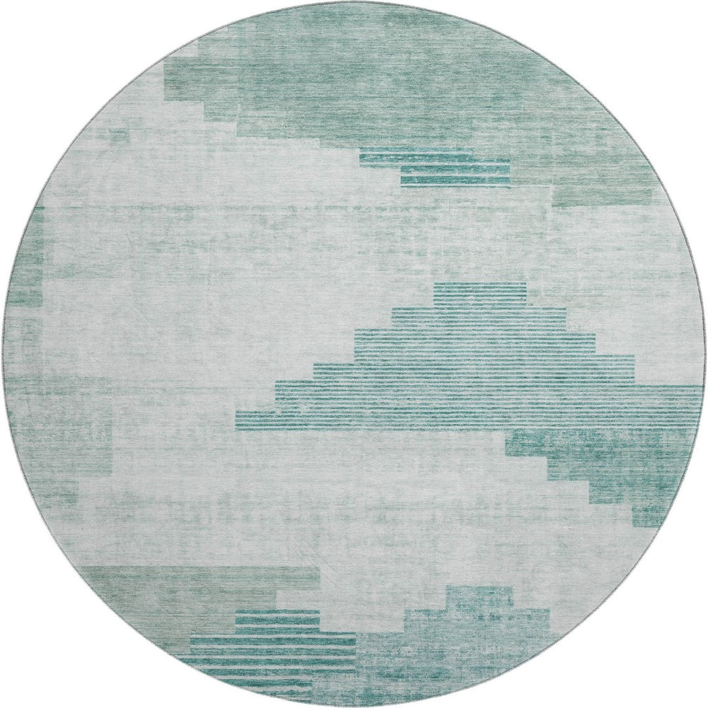 HomeRoots 8' Teal Geometric Washable Round Rug with UV Protection – Durable, Stylish, and Easy-Care Design 704948