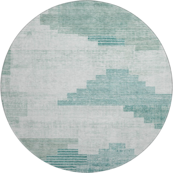HomeRoots 8' Teal Geometric Washable Round Rug with UV Protection – Durable, Stylish, and Easy-Care Design 704948