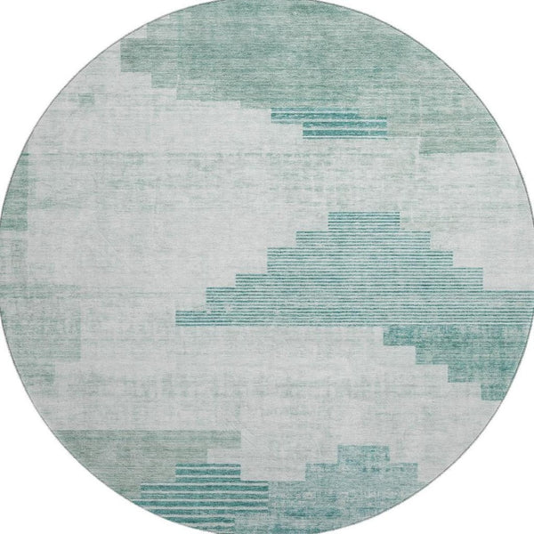 HomeRoots 8' Teal Geometric Washable Round Rug with UV Protection – Durable, Stylish, and Easy-Care Design 704948