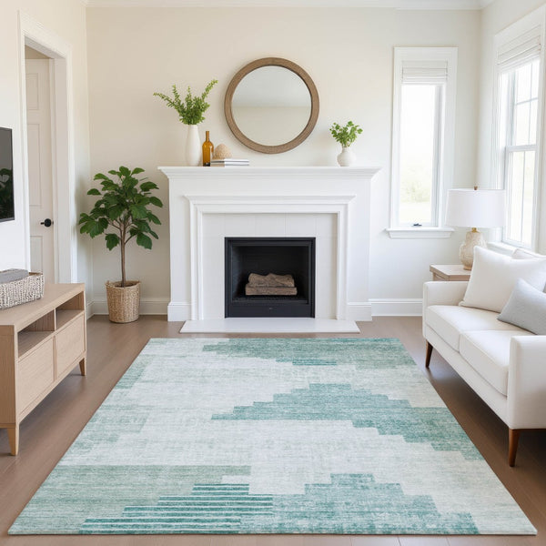HomeRoots 9' X 12' Teal And Ivory Geometric Area Rug - Stylish, Washable, UV-Protected, Stain-Resistant Design! 704950