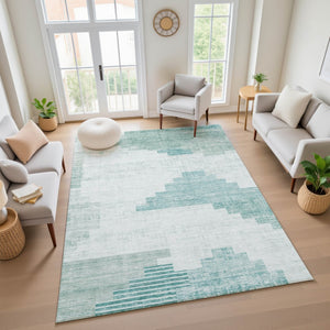HomeRoots 9' X 12' Teal And Ivory Geometric Area Rug - Stylish, Washable, UV-Protected, Stain-Resistant Design! 704950