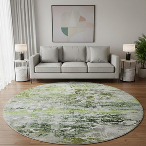 HomeRoots 8' Artichoke Green Abstract Round Rug - Washable, UV-Protected & Non-Slip for Family Spaces 704954