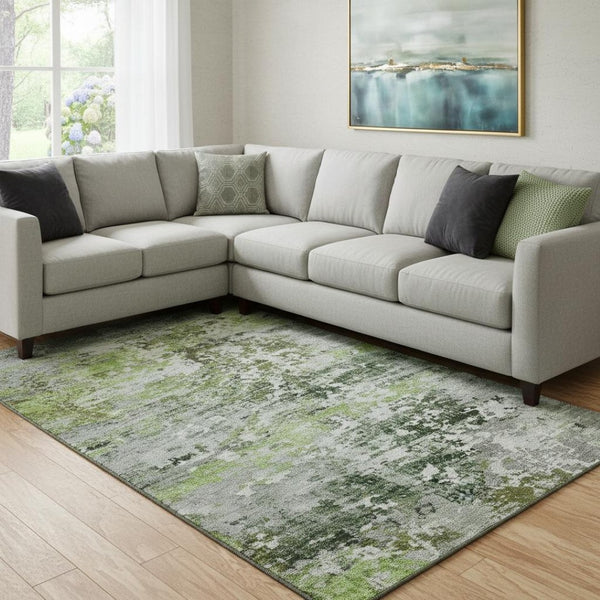HomeRoots 8' X 10' Stylish Artichoke Green & Ivory Abstract Washable Area Rug with UV Protection & Durability 704955