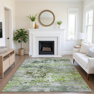 HomeRoots 8' X 10' Stylish Artichoke Green & Ivory Abstract Washable Area Rug with UV Protection & Durability 704955