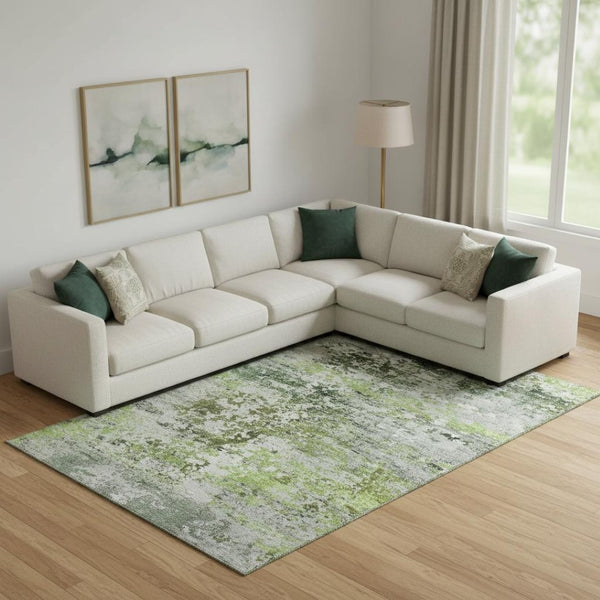 HomeRoots 10' X 14' Artichoke Green Abstract Washable Area Rug - Durable, UV-Protected, Stylish & Soft! 704957