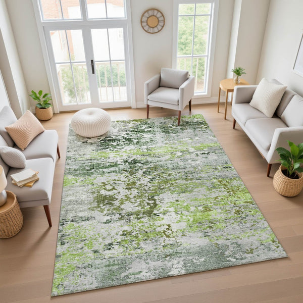 HomeRoots 10' X 14' Artichoke Green Abstract Washable Area Rug - Durable, UV-Protected, Stylish & Soft! 704957