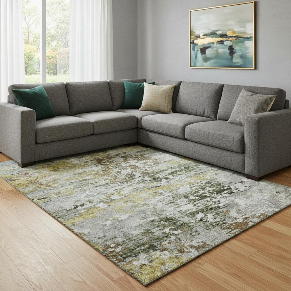 HomeRoots 8' X 10' Modern Gold and Beige Abstract Area Rug - Washable, UV Protected, Kid & Pet Friendly Design 704967