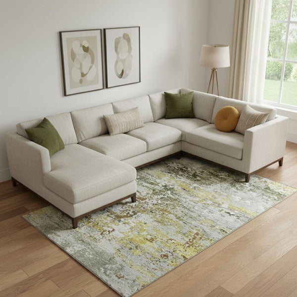 HomeRoots 9' X 12' Gold and Beige Abstract Washable Area Rug - Durable, UV-Protected, Modern Design for Any Room 704968